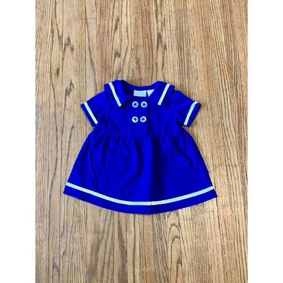 VTG 80s 90s Basic Editions Navy Blue Sailor Dress Nautical Buttons 12 mo Star - Picture 2 of 8